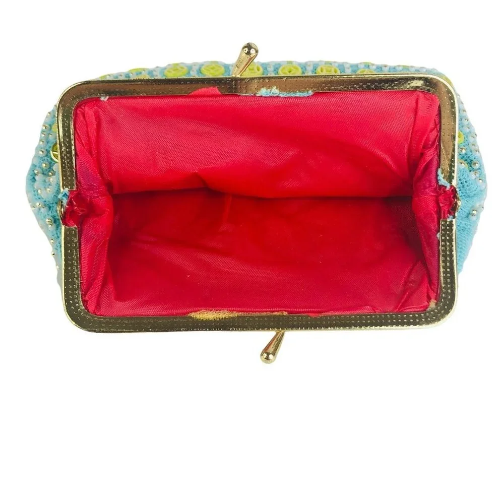 VTG Womens Clutch Purse Beaded Made Hong Kong Kiss Lock Closure Blue Green Small